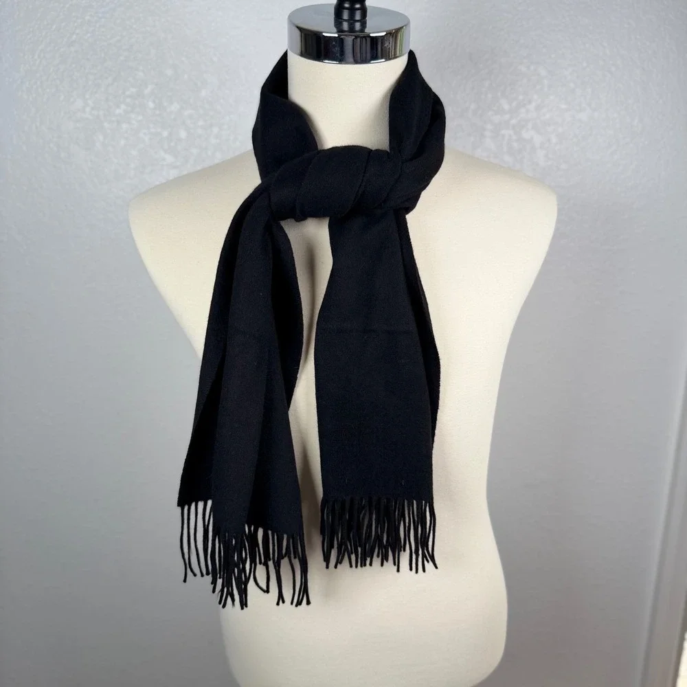 Lands End Direct Merchants Black Fringed Winter Scarf Wool Solid Classic